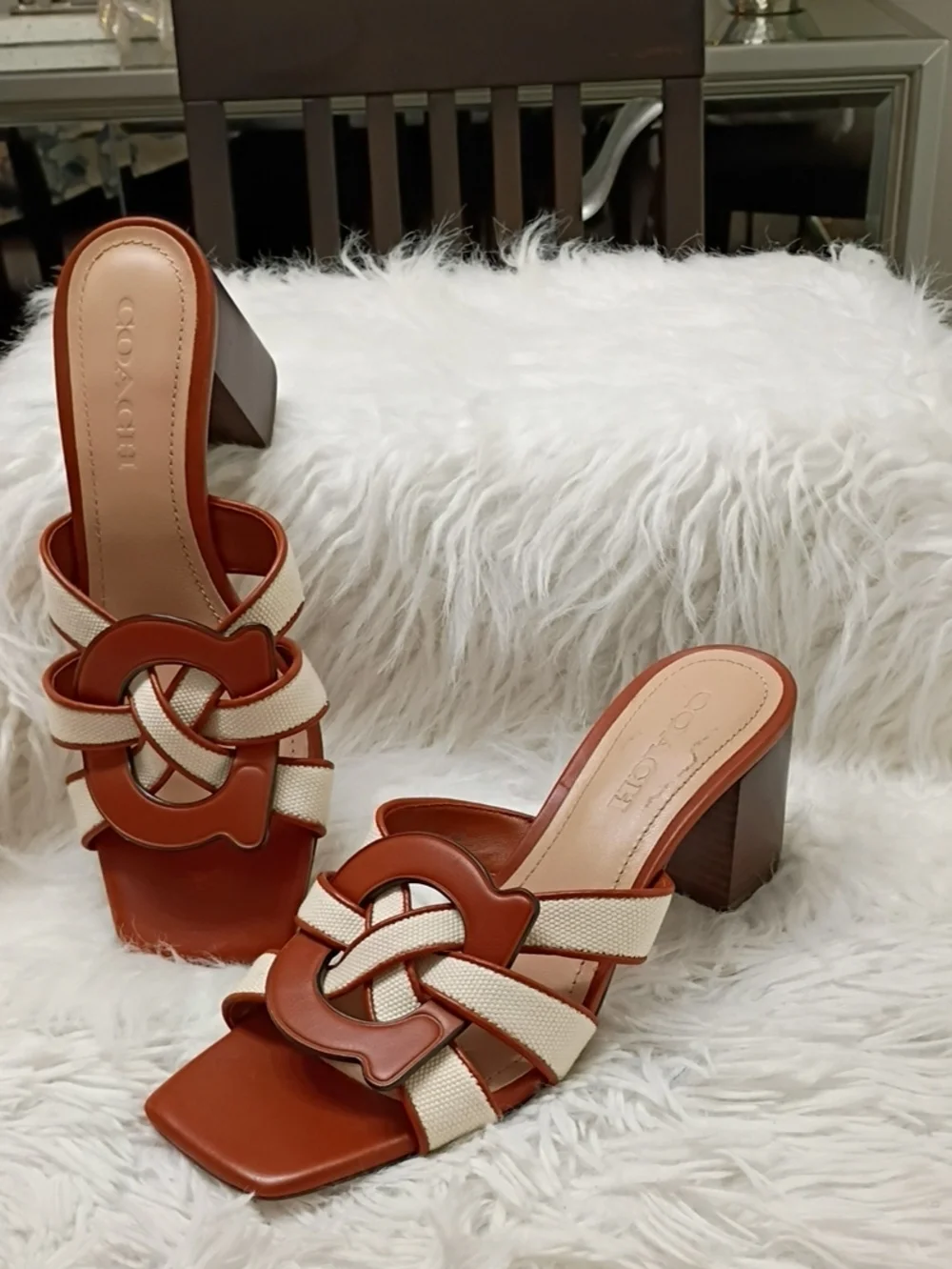 Coach Brown & Cream Braided Leather Block Heel Mule Size 8.5